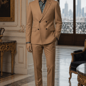 2P Camel Brown Double breasted 4 Buttons Notch Label Suit
