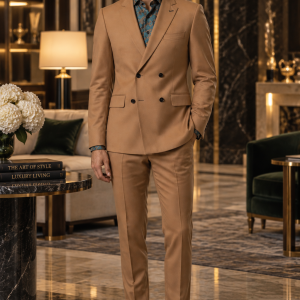 2P Camel Brown Double breasted 4 Buttons Notch Label Suit