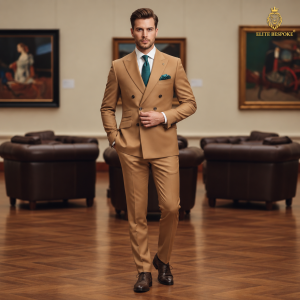 2P Camel Brown Double breasted 4 Buttons Peak Label Suit