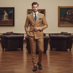 2P Camel Brown Double breasted 4 Buttons Peak Label Suit