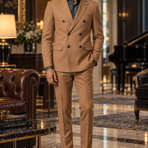 2P Camel Brown Double breasted 6 Buttons Notch Label Suit