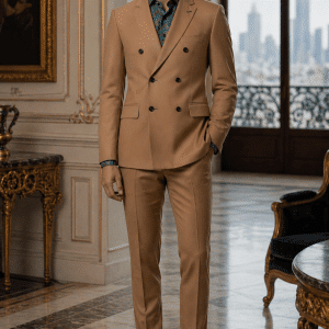 2P Camel Brown Double breasted 6 Buttons Notch Label Suit