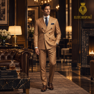 2P Camel Brown Double breasted 6 Buttons Peak Label Suit