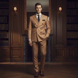 2P Camel Brown Double breasted 6 Buttons Peak Label Suit
