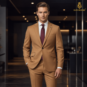 2P Camel Brown Single breasted 1 Button Notch Label Suit
