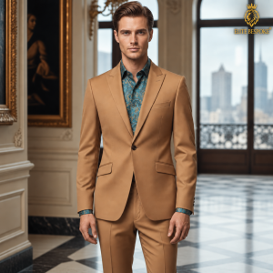 2P Camel Brown Single breasted 1 Button Peak Label Suit