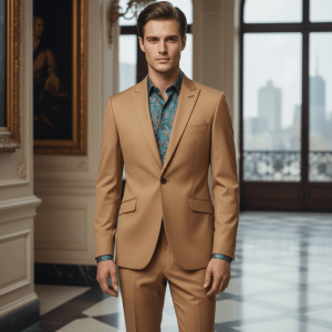 2P Camel Brown Single breasted 1 Button Peak Label Suit