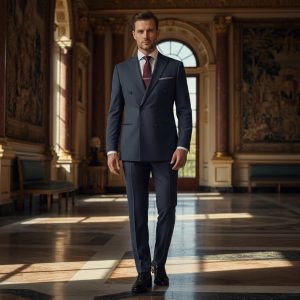 2P Navey Blue Four Button Double Breated two to close Peak Label Suit
