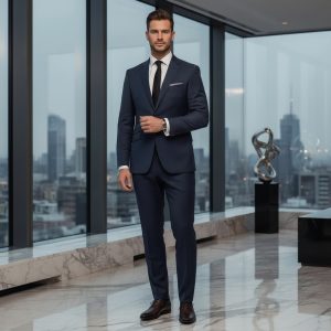 2P Navey Blue Two Button Single Breasted Notch Label Suit