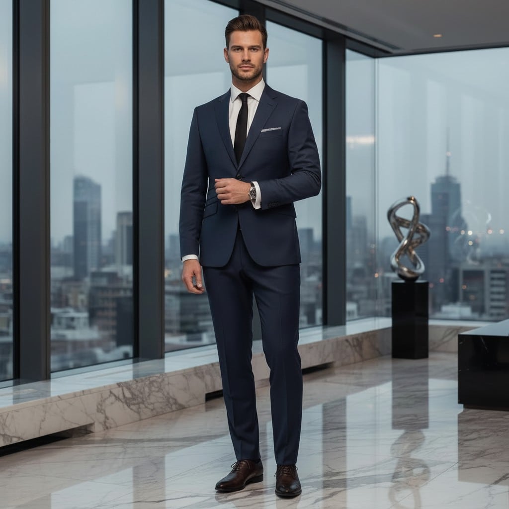 2P Navey Blue Two Button Single Breasted Notch Label Suit