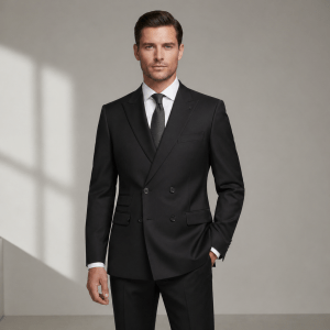 2P True Black Double breasted 4 Buttons Peak Label Suit