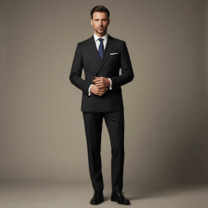 2P True Black Double breasted 6 Buttons Peak Label Suit