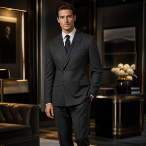 2P Muren Grey striped Double breasted 4 Buttons Notch Label Suit