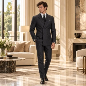 2P Muren Grey striped Double breasted 6 Buttons Notch Label Suit
