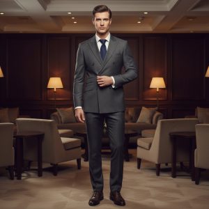 2P Muren Grey striped Double breasted 6 Buttons Peak Label Suit