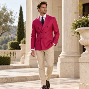 2P Pink Cream Linen Double breasted 6 Buttons Notch Label Suit
