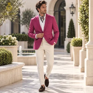 2P Pink Cream Linen Single breasted 1 Button Notch Label Suit