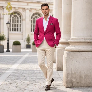 2P Pink Cream Linen Single breasted 1 Button Peak Label Suit