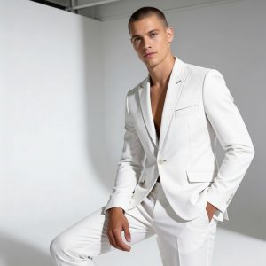 2P White Linen Single breasted 1 Button Peak Label Suit