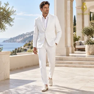 2P White Linen Single breasted 2 Button Notch Label Suit