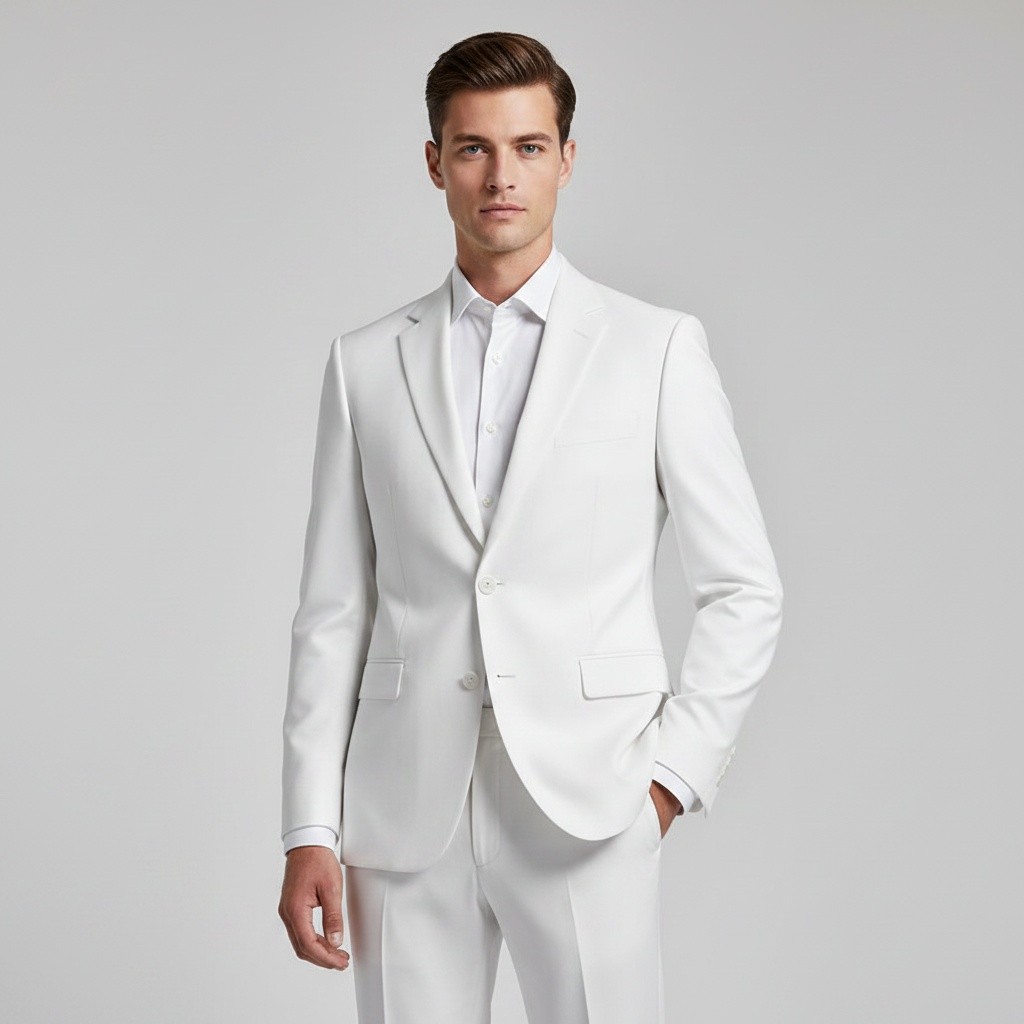 2P White Linen Single breasted 2 Button Notch Label Suit