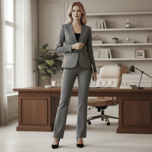 2P Women 100% Wool Stripe Grey 1105-6 No Lapel 2 Buttons