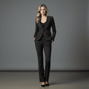 2P Women Check Black 59513-3 No Lapel 1 Button