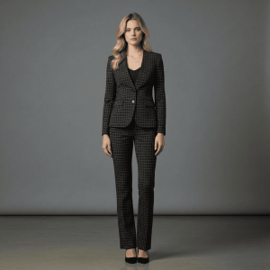 2P Women Check Black 59513-3 No Lapel 2 Buttons