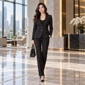 2P Women Check Black 59513-3 No Lapel 2 Buttons