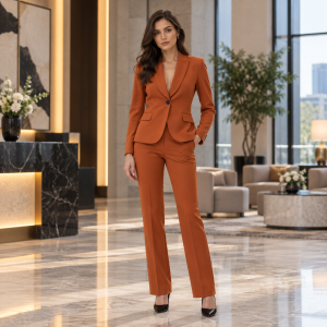 2P Women Roche Orange T57-611 Modern Shawl Lapel 2 Bottons