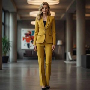 2P Women Roche Yellow T57-604 Modern Shawl Lapel 2 Buttons