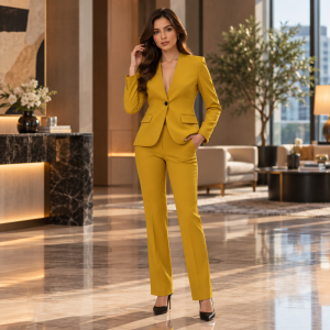 2P Women Roche Yellow T57-604 Modern Shawl Lapel 2 Buttons
