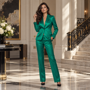 2P Women Silk Green M6 Notch Lapel 1 Button